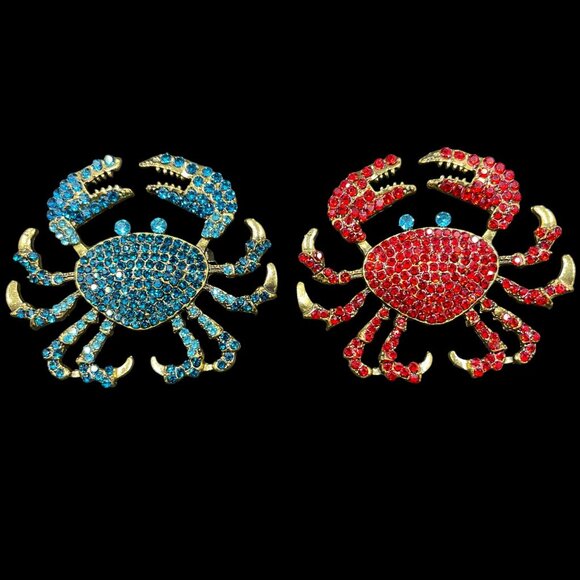 Crab Rhinestone Brooch Pair Nautical Coquette Kawaii Coastal Ocean Statement Pin - Picture 2 of 8